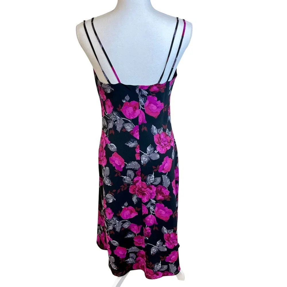 NEW YORK COMPANY Y2K 90s Black‎ Floral Midi Slip Dress Cowl 6 Beaded Phoebe